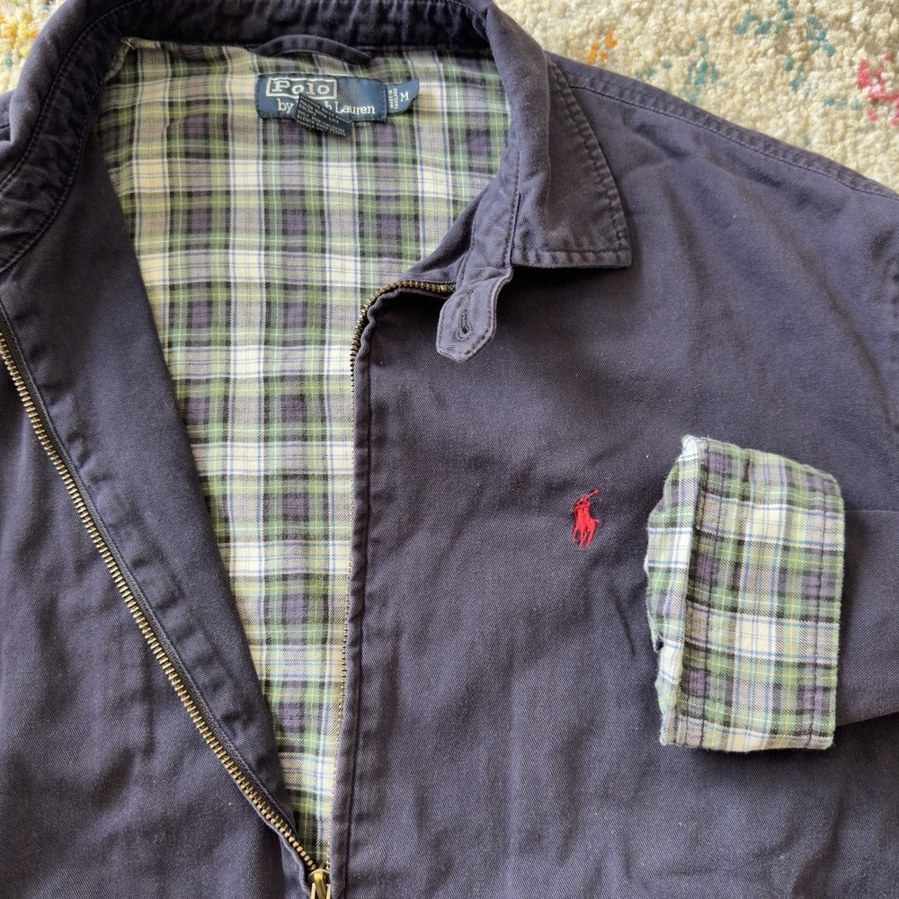 Vintage Faded Polo Ralph Lauren Navy Harrington Jacket Plaid Lined Size M